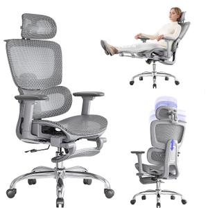 Office Chair with Footrest, Ergonomic Chair with 3D Headrest, Computer Chair with Adjustable Backrest & 3D Armrest, Gaming Chair with Adaptive Lumbar Support, Mesh Backrest & Cushion, Grey, 19.7 inches x 18.9 inches x 48 inches