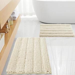 Non Slip Thick Shaggy Chenille Bathroom Rug Sets 2 Piece, Thickened Hot Melt Rubber Bottom Bath Mats for Bathroom, Bath Rugs Quick Dry Machine Washable for Shower (Ivory White, 32"x20" Plus 17"x24")