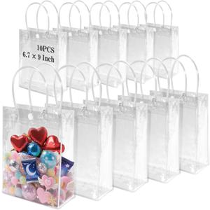 MAQIHAN 10 PCS Clear Goodie Bags with Handles - Plastic Party Favor Bag Reusable Transparent PVC Totes for Christmas Easter Valentine Wedding and Birthday(Medium Size 6.7 x 9 Inch)