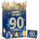 Blue 90th Birthday Gift Bag, Large Navy Blue Gold Happy 90th Birthday Gift Bag with Greeting Card and Tissue Paper for Men Women Blue 90 Anniversary Birthday Party Favors Goodie Wrapping Bag Supplies (90th Blue Gold Birthday)