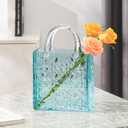 Purse Vase, Glass Bag Vase, Glass Purse Vase for Flowers, Blue Vases, 12 Inch Large Flower Vase with Embossed Pattern for Wedding, Living Room, Bedroom, Table, Office(Tote)