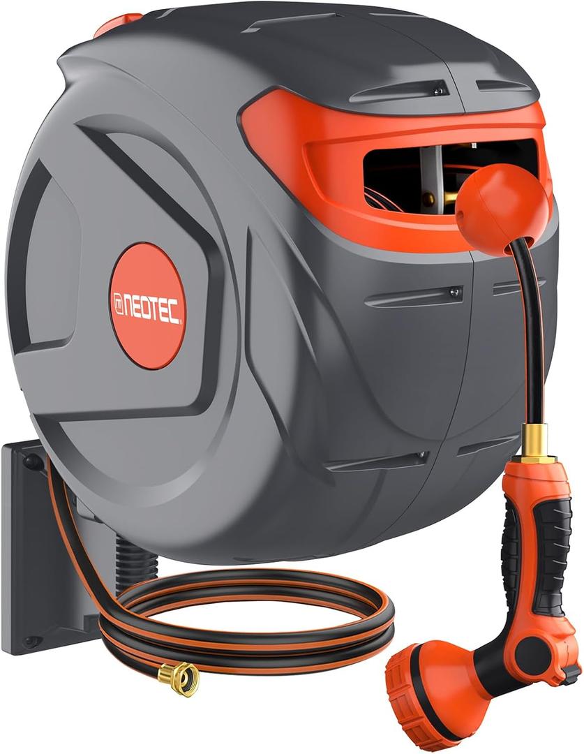 100FT Retractable Garden Hose Reel 1/2 Inch with 9-Pattern Nozzle - Automatic Slow Return & Any Length Lock, Wall Mounted Heavy Duty Hose Reels for Outside, 180 Swivel UV Resistant