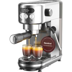 Neretva Espresso Machine 20 Bar, Super Compact Espresso Maker Stainless Steel Professional Coffee Machine Espresso with LED Display & Milk Frother for Home Barista Latte and Cappuccino Maker (Silver)