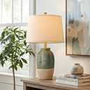 22.5" Hand-Textured Vintage Ceramic Table Lamp, Single Rustic Farmhouse Bedside Lamp with Linen Shade, Boho Lamp for Bedroom Living Room Nightstand Side Table Home Decor, Green&Earthy Yellow