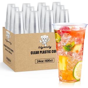 Lilymicky 600 Pack 24 oz Clear Plastic Cups, PET Disposable Drinking Cups, Crystal Clear, Perfect for Ice Coffee, Smoothie, Soda, or Any Cold Drinks