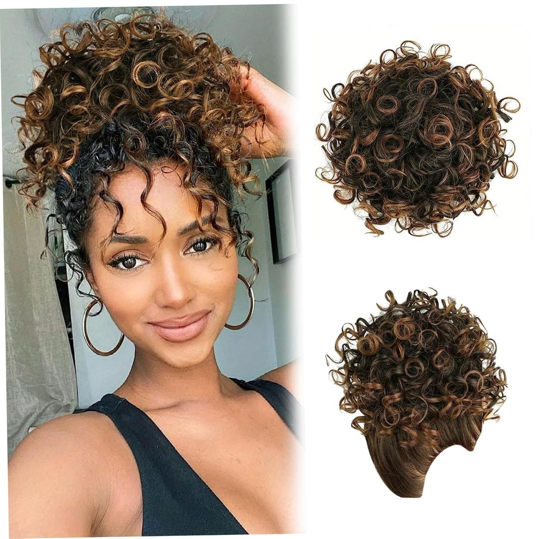 Messy Hair Bun, Curly Bun, Short Messy Bun Hair Piece Clip, Classic Tousled Curly Bun Hair Piece, Fake Synthetic Messy Bun Hair Piece for Women, Hair Bun Accessories for Updos, Hair Bun Clip, Brown