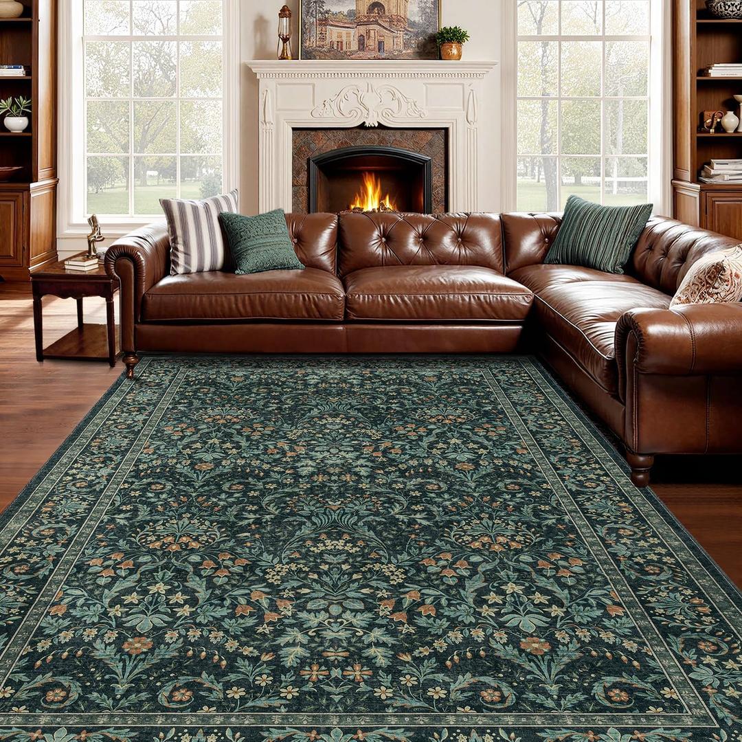 Washable 5x8 Area Rug for Living Room Bedroom Dining Room Office, Non-Slip Low Pile Stain Resistant Soft Carpet for Vintage Floral Oriental Home Decor Dark Green/Navy/Black