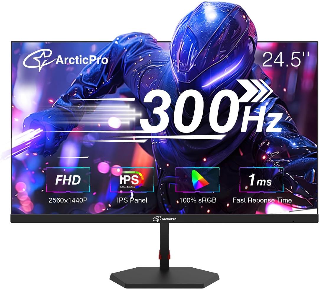 ArcticPro 24.5 inch 300Hz 240Hz Gaming Monitor, FHD 1080p, 1ms, PC Monitor Gaming, IPS, Adaptive sync, PC Monitor, NTSC 85%, sRGB 120%, Ultra Slim, DP x2, HDMI x2, VESA, with DP Cable up to 300Hz