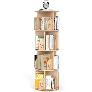 Rotating Bookshelf, 360 Display 4 Tier, Small Corner Bookshelf for Small Space, Floor Standing Bookcase Storage Rack, Pine Wood Narrow Book Shelf Organizer for Bedroom, Living Room (Wood)