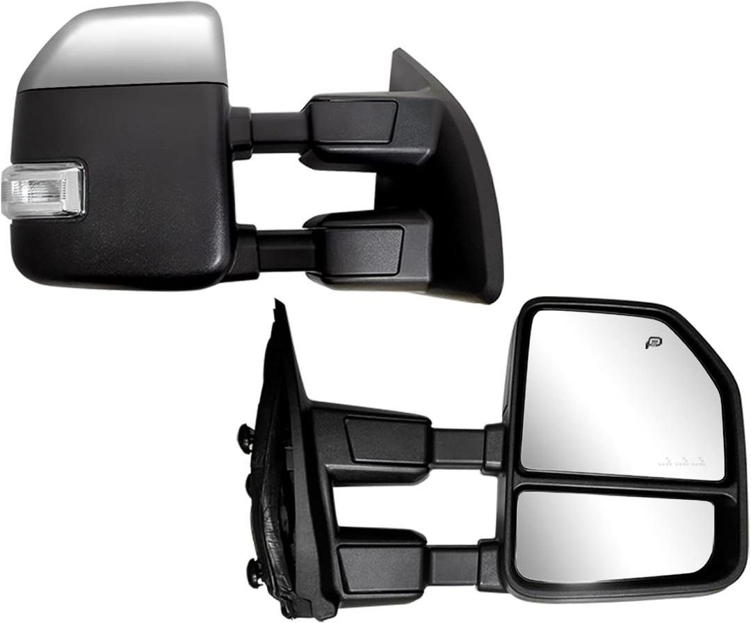 Towing Mirrors compatible for 1999-2016 Ford F250 F350 F450 F550 Super Duty Truck Side Mirrors with Turn Signal Light Power Heated Manual telescoping folding Chrome cap Pair, Medium