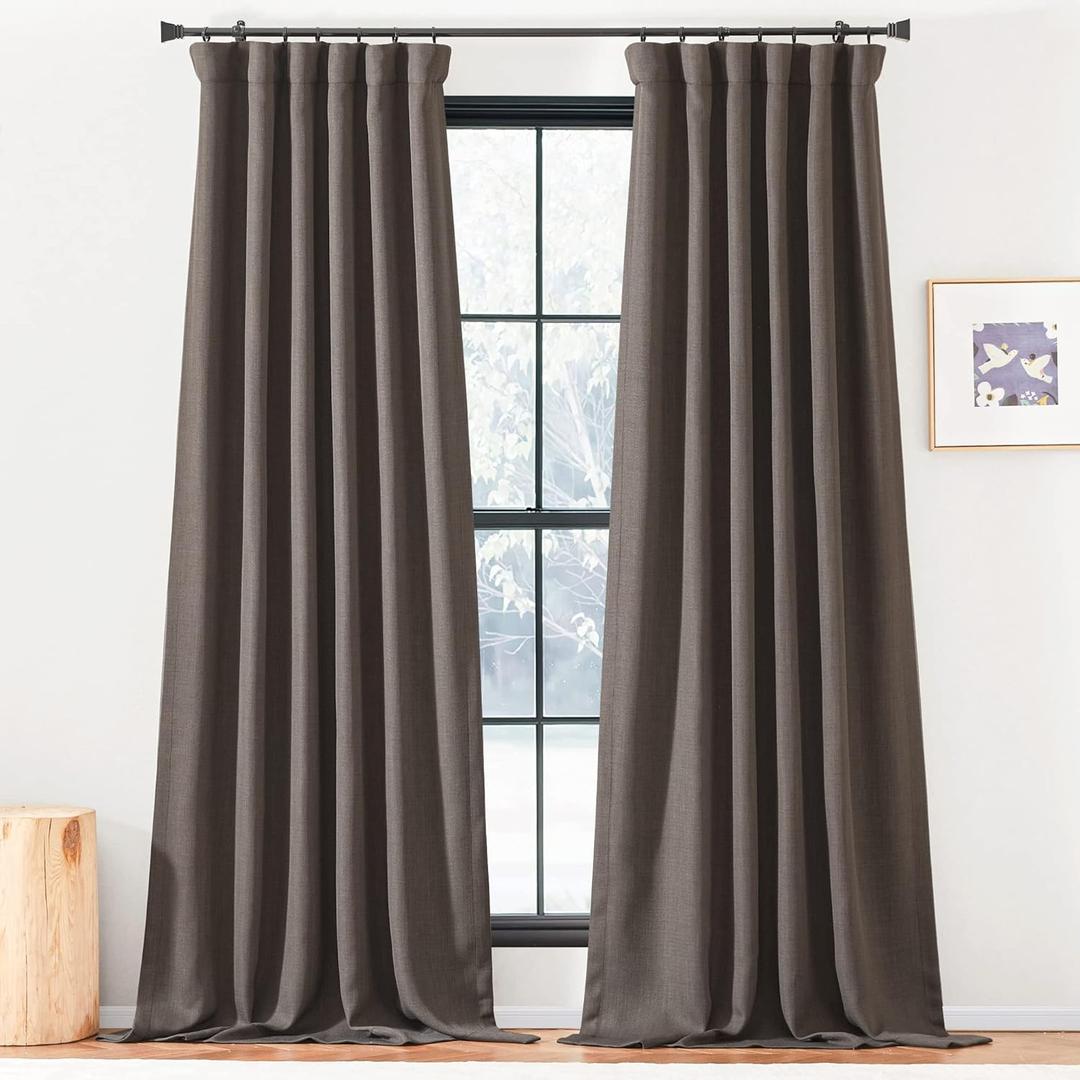 NICETOWN Room Darkening Linen Curtains for Living Room, Pinch Pleated Faux Linen Blend Thermal Insulated Sound Proof Window Drapes for Boys Bedroom/Seniors, Brown, W50 x L108, 2 Pieces