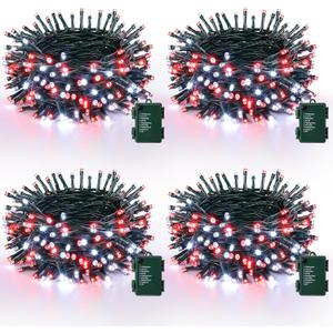 Lomotech Battery Operated Christmas Lights - 4 Pack Total 66ft 200LEDs String Lights 8 Modes Waterproof with Timer for Home, Garden, Party, Holiday, Tree Decoration (Green Wire, Red & White
