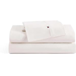Tommy Hilfiger - Sheet Set, Cotton Washed Percale Bedding with Matching Pillowcases, Crisp & Cool, Solid Home Essentials (Ivory, Queen)