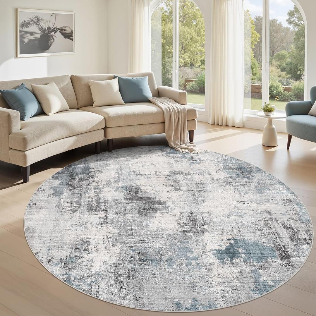 Washable Rug Round 6FT Area Rugs for Living Room: Modern Abstract Neutral Soft Carpet for Bedroom Dining Room Under Kitchen Table Home Office Decor - Grey Blue