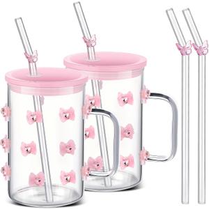 Skylety 2 Pcs 3D Pink Bow Glass Cup with Lid and Straw Pink Bow Icon Juice Glass with Handle 17 oz Coquette Aesthetic Cup Iced Coffee Tumbler for Women Girls Sister Friend Party Favor Gift