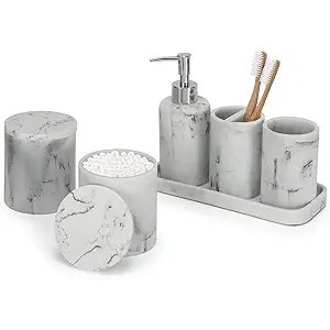 ZCCZ - Bathroom Accessories Set 6 Pcs - White Marble Design Toothbrush Holder, Lotion Soap Dispenser, 2 Qtip Holder Dispenser, Vanity Tray, Bathroom ...