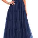 PRETTYGARDEN Women's Smocked Midi Tulle Dress 2025 Summer Puffy Short Sleeve Square Neck Ruffle Wedding Guest Party Dresses (Large, Navy)