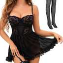 Womens Lingerie Sexy Lace Babydoll Lingerie Dress Push up Lingerie for Women with Garter(Black, Small)