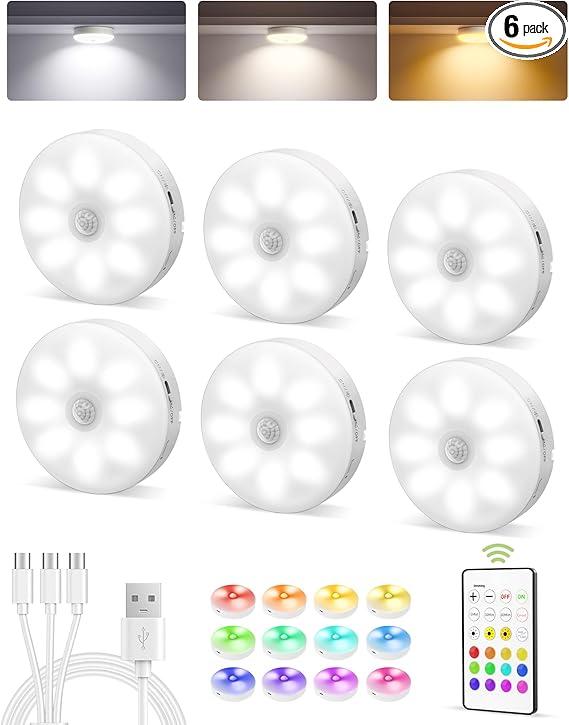 EZVALO 6-Pack Under Cabinet Lighting, Rechargeable Motion Sensor Puck Light with Remote, 3 Color Temps & 12 RGB Colors, Magnetic Stick on Light, Dimmable Under Counter Light for Kitchen, Home Decor