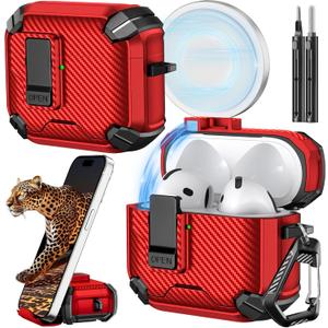 Inesore Compatible with AirPods 4th Case with Phone Stand & Cleaning Kit,Compatible with Magsafe,Magnetic Automatic Lock for Airpods 4 with Active Noise Cancellation Charging Cover (2024) (red)