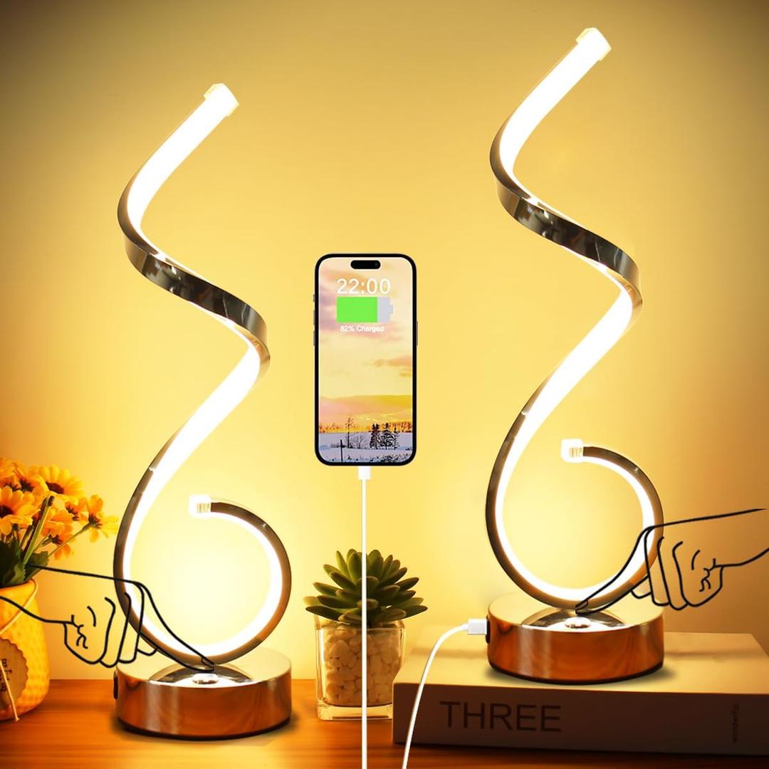 Modern Spiral LED Table Lamp Set of 2, 10W Touch Control Table Lamp with USB Charging Ports, Dimmable 3 Color Modes Bedside Nightstand Desk Lamp Light for Bedroom, Living Room, Office -Silver