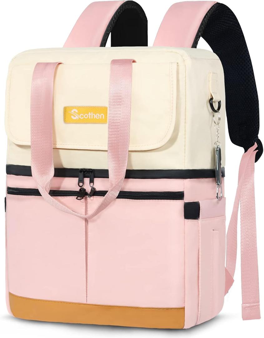 Backpack Cooler with Double Decker & 12 Ice Packs- Keeps 36 Cans Cold for Up to 24 Hours- Waterproof & Leak Proof Insulated Cooler Backpack- Stylish Cooler Bookbag for Women Travel Work Beach (Pink)