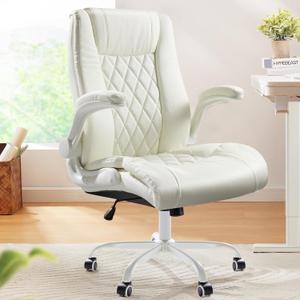 Marsail Executive Office Chair with Flip-up Armrests,PU Leather Ergonomic Desk Chair Height-Adjustable Swivel Rolling Desk Chair (White)