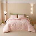Houseri Pink Floral Comforter Set Full Sunflower Baby Pink Fluffy Quilted Comforters Full Size Light Pink Comfy Soft Bedding Sets