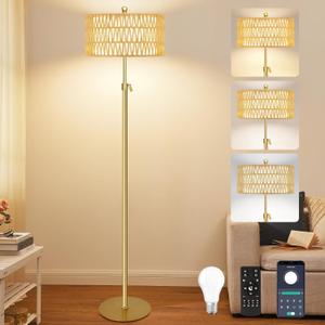 ZECOXOL Gold Floor Lamps for Living Room Rattan Boho Floor Lamp with Remote Control,Dimmable Wicker Floor Lamps with 3 Color Temperature Modern Standing Lamp Brass Tall Floor Lamp for Bedroom Corner