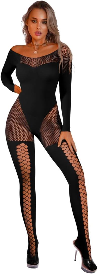EHSUYAB Womens Sexy Full Fishnet Bodysuit, One Piece Mesh Lace Jumpsuit Body Stockings, Rave Club Poster Exotic Dancer Outfit Black One Size