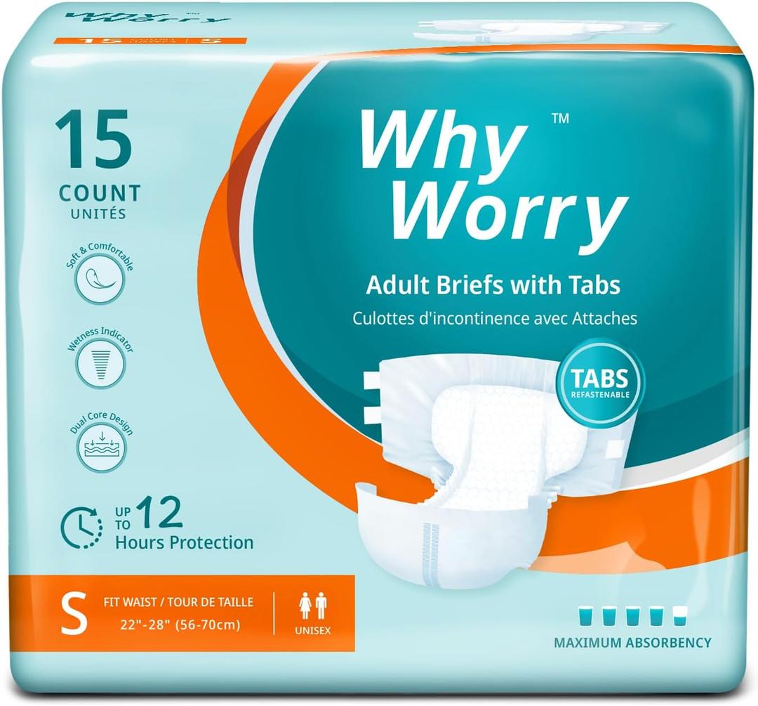 WhyWorry Adult Diapers with Tabs, Disposable Incontinence Briefs for Women & Men with Maximum Absorbency, Adult Briefs for Incontinence Overnight, Odor Control, Unisex, Small, 15 Count