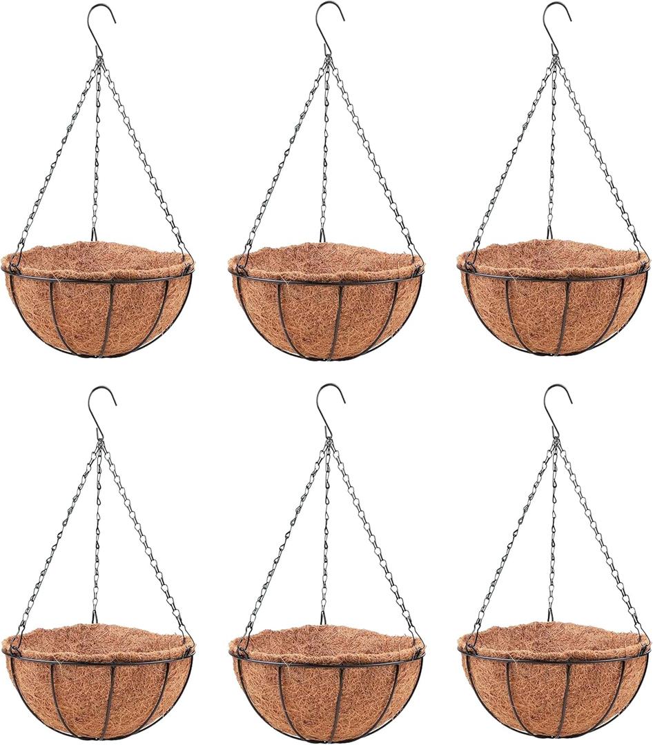 LaLaGreen Hanging Baskets for Plant Outdoor (6 Pack, 16 Inch) Extra Large Hanging Planter with Coco Liner Black Metal Wire Round Flower Pot Holder Hang Deck Porch Garden Balcony Natural Country Decor