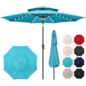 9FT Solar Umbrella Outdoor - 2 Tiers Lighted Solar Patio Umbrella with 40 LED Lights Waterprool UV Protection, Table Umbrella with Tilt for Pool, Porch, Garden, Backyard (Aqua Blue)