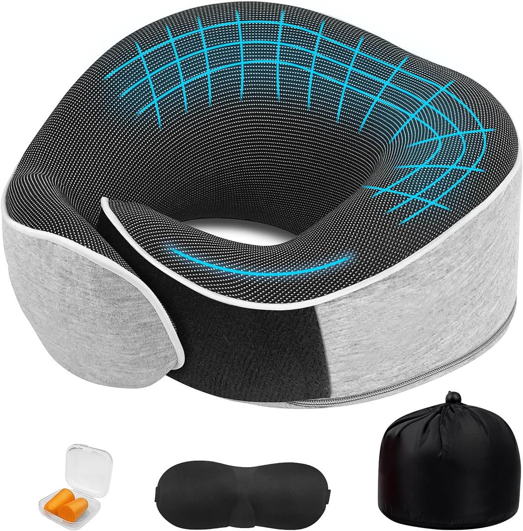 Travel Pillows for Airplanes Ergonomic Memory Foam Neck Pillow for Travel - 360 Head & Neck Support for Sleeping on Flights, Cars, Trains & Office (Gray-2)