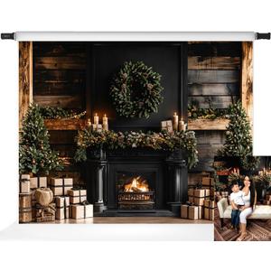 Kate Christmas Backdrop Fireplace with Wreath Festive Home Decorations Wood Wall Christmas Pine Tree Background, 7x5ft