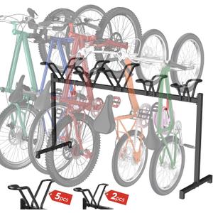 5 Bikes Floor Stand, Adjustable Bicycle Parking Rack with Hook for Garage, Indoor, Outdoor, Free Combination Bike Storage Cycle Rack for Mountain, Road and Kids Bikes, Max Tire Width 2.5