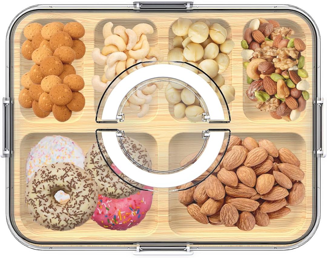 Charcuterie Board with Clear Lid and Handle,6 Compartments Bamboo Charcuterie Boxes for Picnics & Entertaining,Travel Portable Cheese Board Cutting Boards Perfect for Snacks& Fruit (White)