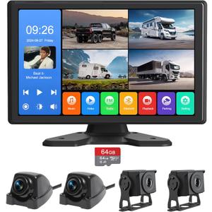 4 Channel Backup Camera System,Touchable 10.26 inch Monitor with DVR Stereo, 64GB Card, IP69 Waterproof, Nightvision 1080P Backup Camera for RV/Truck/Trailer Pickup,Rear Side Front Wired System
