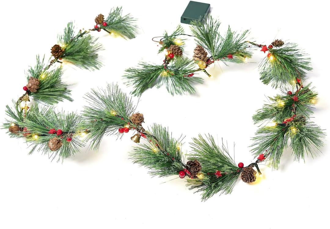 Christmas Pine Needle Garland with Lights - 6FT Battery Pre-Lit Rustic Smokey Christmas Cedar Garland with Pinecones, Red Berries, Gold Bells, Red Stars, Mixed Decors for Mantle Fireplace Door Window