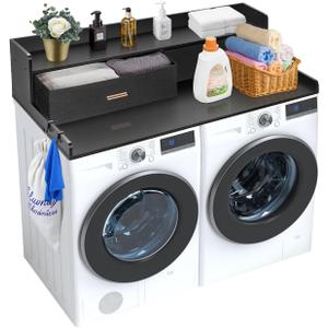 VEVOR 2 Drawers Washer Dryer Countertop with Shelf, 54" x 27" Wooden Laundry Countertop with 2 Hooks & Non-Slip Pads, Washer and Dryer Covers for The Top, Laundry Room Organization and Storage, Black, 2-Tier with Drawers