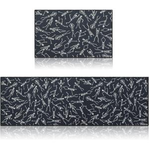 2 Set of Halloween Kitchen Mat 20x60 and 20x30 Inch Black Dancing Skeleton Kitchen Rug Non-Slip Washable Rug for Halloween Home Decor