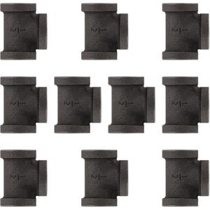 10 Pack 1/2 inches Malleable Cast Iron Pipe Tees, Industrial Pipe Flanges for Threaded Black Pipes and Fittings, DIY Steampunk Industrial Vintage Style.