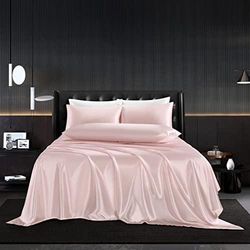 HommxJF 5pc Blush Pink Silk King Satin Sheets Set - King Size, Silky Comforter Bedding Sheets with 1 Satin Flat Sheet, 1 Deep Pocket Fitted Sheet, 3 Pillowcases with Envelope Closure