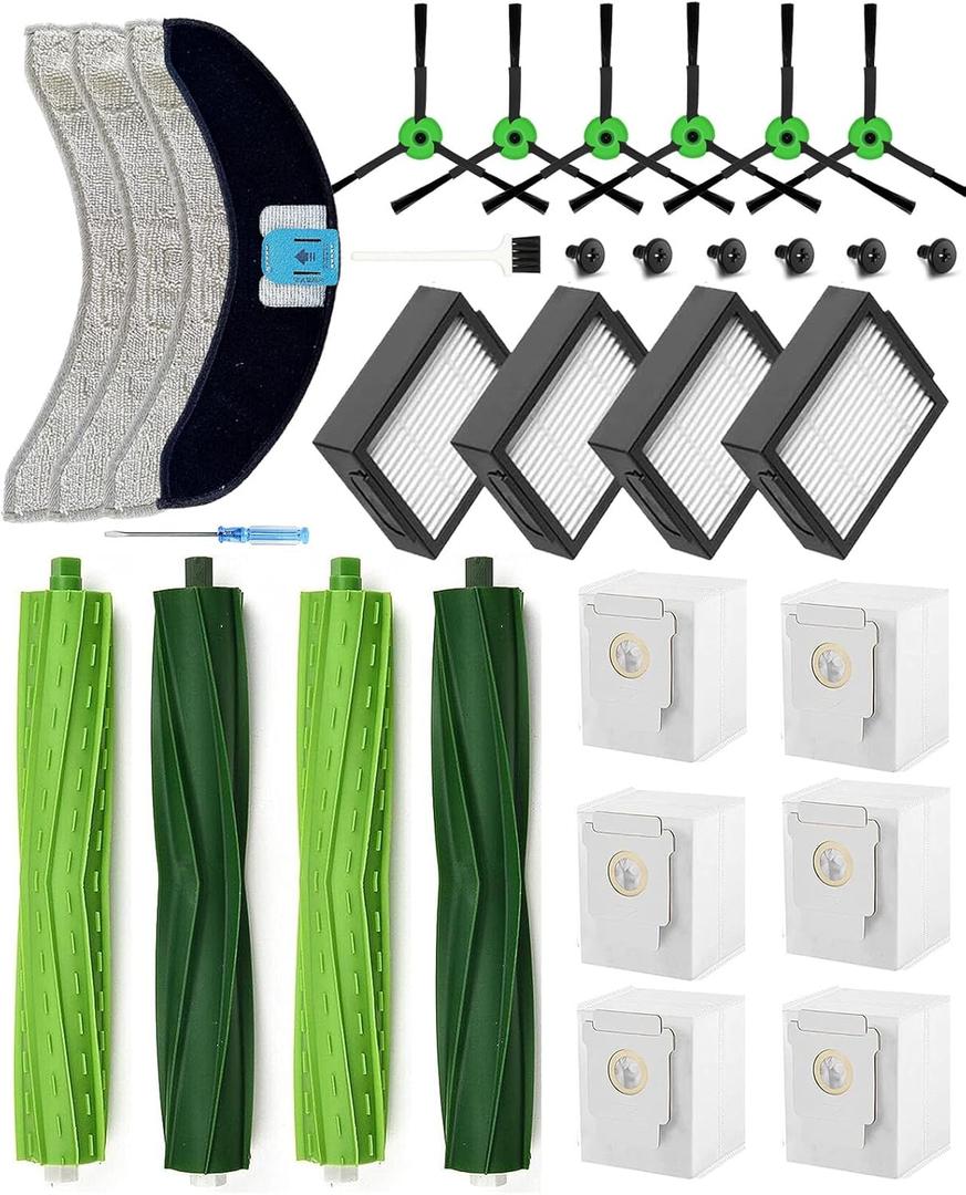 Yivy 26Pack Replacement Parts for iRobot Roomba Combo J7+/ Combo 10 Max/Combo J9+ Robot Vacuum Cleaner(Only Combo series): 4 Rubber Brushes+4 Mopping Pads+4 HEPA Filters+6 Side Brushes+6 Dust Bags