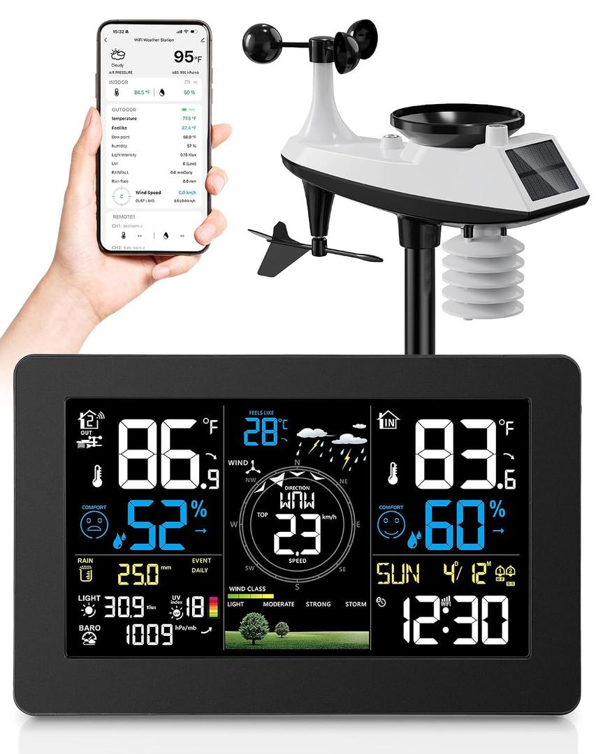 WiFi Weather Station Wireless Indoor Outdoor, Thermometer with Rain Gauge and Wind Speed/Direction, Large Display for Weather Forecast, Temperature, Humidity, Clock, Alarm, UV, Air Pressure, Black