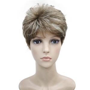 Wiginway Short Synthetic Wigs Light Brown with Highlights Fluffy Straight Full Bang Capless Heat Resistant Fiber Wigss for Women