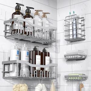 5-Pack Rustproof Stainless Steel Shower Caddy  No Drill Adhesive Bathroom Organizer with Large Capacity, Spacious Shower Shelves for Inside Shower, Kitchen & Home Decor Storage (5-piece set, Light Grey)