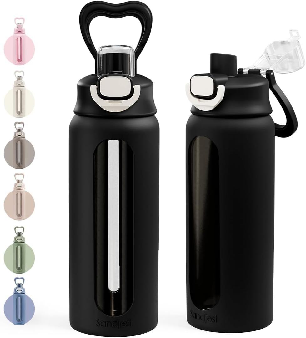 SANDJEST Glass Water Bottle with Silicone Sleeve 24oz with Lid, Motivational Time Marker, Drinking Hydration Glass Bottles for Men Women, Gym Travel Sports (Black)