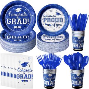 Graduation Party Supplies Congrats Grad Plates and Napkins Set Serve 50, Disposable Tableware Paper Plates Napkins Cups Knives Spoons Forks Straws for Class of 2026 Graduation Party Decorations (Blue)