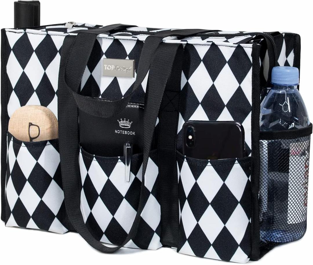 TOPDesign Utility Water Resistant Tote Bag with 13 Pockets, Top Zipper Closure & Thick Bottom Support, for Working Women (Medium, Rhombus)